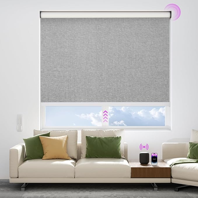 Astomi Motorized Blinds with Remote - Blackout Smart Roller Shades Compatible with Alexa & Goggle Home, Solar Rechargeable, Custom Size 22" - 100" for Indoor Window, Haze Grey