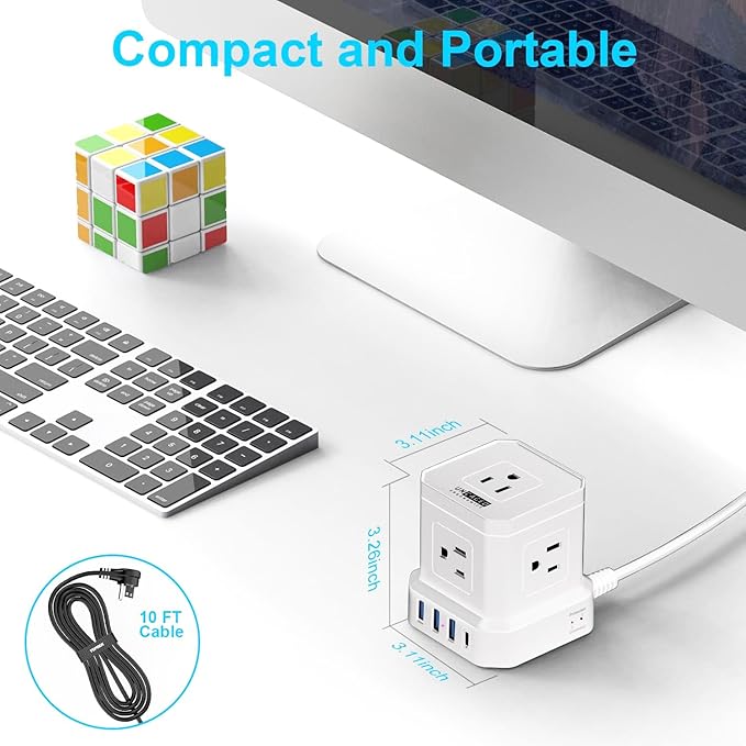 Uncaged Ergonomics Cube Power Strips w/Surge Protection, 10ft Extension Cord with Multiple Outlets, 5 AC Plugs, 3 USB (1C Port) Fast Charging Power Strip with USB Port, On/Off Switch Charging Station