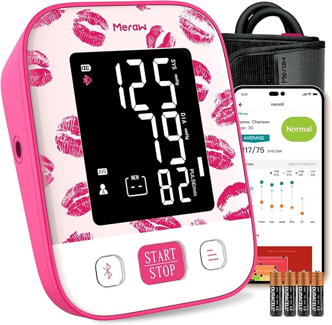 Meraw Blood Pressure Monitor Home Use, Blood Pressure Cuff Digital Arm, Blood Pressure Monitor Automatic Cuff 8.7-16.5" Bluetooth App Tracking Irregular Heartbeat Monitoring Pink