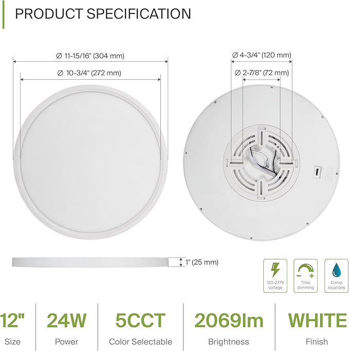 ASD LED 12" Round Flush Mount Ceiling Light Fixture, Low Profile Surface Lighting | 5CCT, Dimmable, Ultra-Thin, ETL Listed | 24W 2000LM 2700-6000K 100-277V | Kitchen, Hallway Lamp | White, 12 Pack