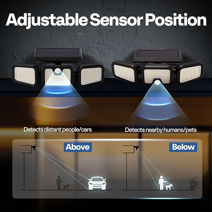 VIVOHOME Solar Flood Lights Outdoor, 256 LED 2500LM Motion Sensor Lights, 3 Adjustable Heads Security Lights, IP65 Waterproof, 270° Wide Lighting Angle Solar Powered Lights for Porch, Yard, 3 Pack