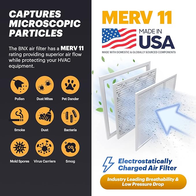 BNX TruFilter 14x25x1 Air Filter MERV 11 (4-Pack) - MADE IN USA - Allergen Defense Electrostatic Pleated Air Conditioner HVAC AC Furnace Filters for Allergies, Dust, Pet, Smoke, Allergy MPR 1200 FPR 7