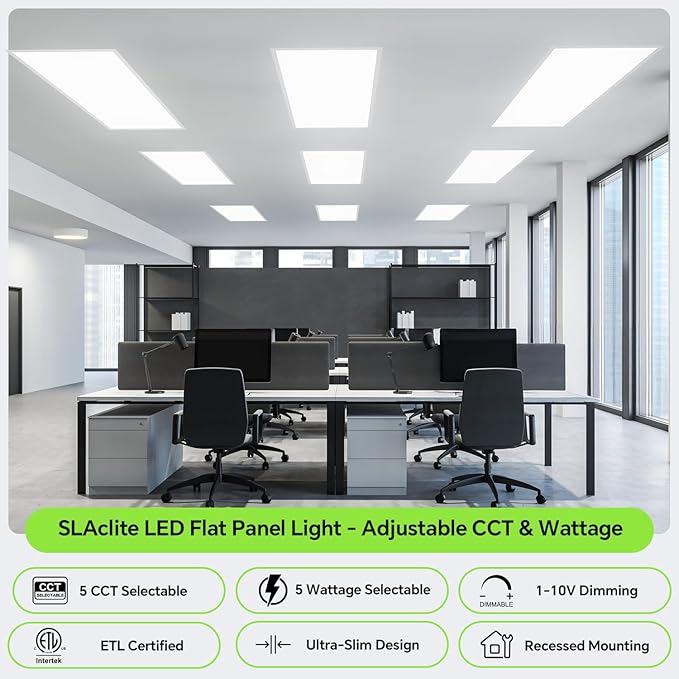 SLAclite 4 Pack 2x4 LED Flat Panel Light 50/40/35/30/25W 6500lm Adjustable, 0-10V Dimmable LED Flush Mount Ceiling Light Fixtures, 2.7K/3K/3.5K/4K/5K Selectable for Office Kitchen Garage - ETL Listed