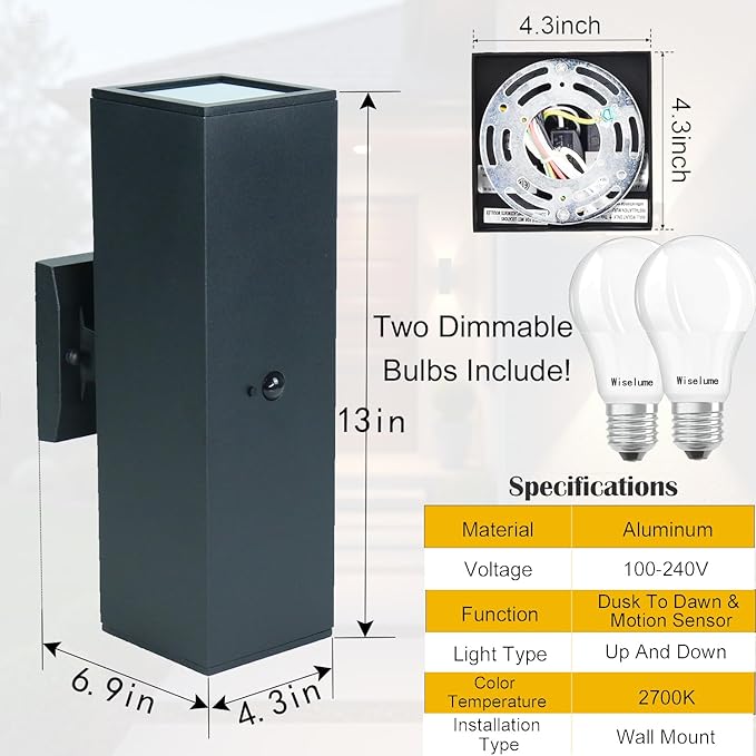 WISELUME Motion Sensor Outdoor Wall Lights, Dusk to Dawn Porch & Patio Sconce with E26 Dimmable LED Bulbs, Black Aluminum Up & Down Exterior Light Fixtures for Garage, Front Door, ETL Listed