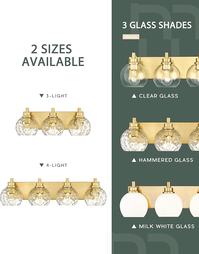 METWET Bathroom Light Fixtures Over Mirror, 3-Light Brushed Gold Vanity Light with Clear Hammered Glass Globe Shade, Modern Sconces Wall Lighting Bedroom Hallway, VL200-BG-3