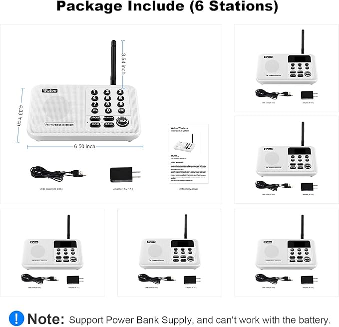 Wuloo Intercoms Wireless for Home 5280 Feet Range 10 Channel 3 Code, Wireless Intercom System for Home House Business Office, Room to Room Intercom, Home Communication System (6 Units Set, White)