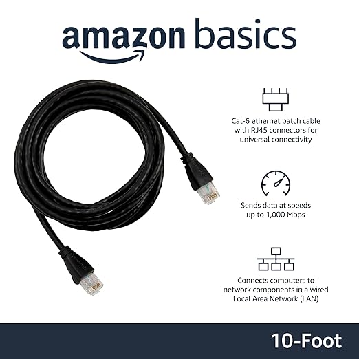 Amazon Basics RJ45 Cat 6 Ethernet Patch Cable - 10 feet, Black, Bulk 24-Pack