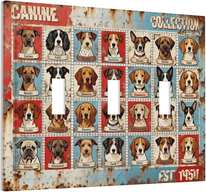 Bvtewkhz Dogs Funny Puppy Pets Vintage 3 Gang Triple Toggle Decorative Outlet Covers Light Switch Plate Electrical Receptacle Switchplate For Bathroom Kitchen Bedroom
