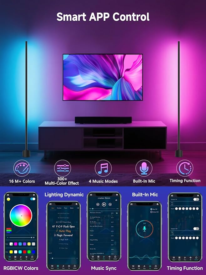 GIPOYENT Standing Floor Lamp, RGB LED Lamp with Music Sync, Smart App and Remote Control Ambience Light with Music Sync, LED Lamp with 16 Million Colors for Bedroom, Living Room Gaming Room
