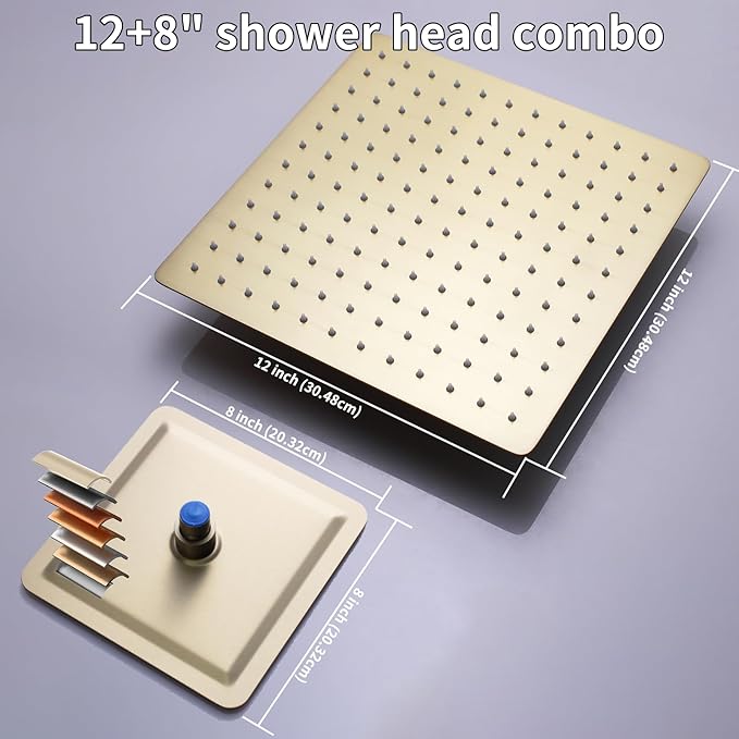 KATAIS Brushed Gold Shower System Digital Temperature Display Shower Faucet Set with 12 inch Ceiling Mounted + Dual 8 inch Wall Mounted Shower Head Combo Set, Handheld Spray