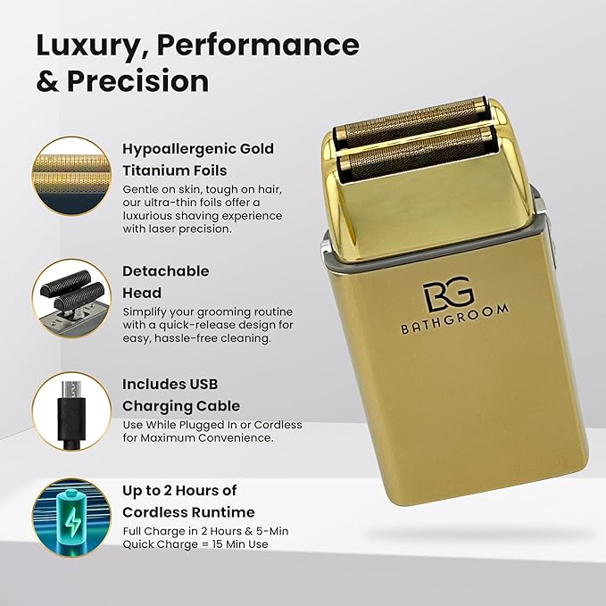 Electric Razor for Men Face with Double Titanium Foils, Professional Barber-Style shavers for Men, USB Rechargeable, Includes Cleaning Brush, Protective Cap & Pouch (Gold)
