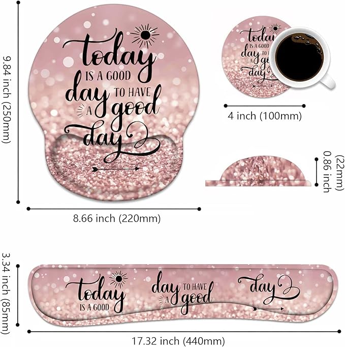 Keyboard Wrist Rest + Mouse Pad Wrist Support Set with Coasters, Today is a Good Day to Have a Good Day Inspirational Quote with Non-Slip PU Base Ergonomic Mousepad for Home Office Working Studying