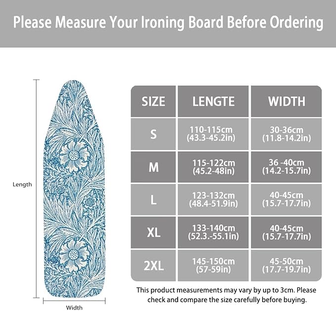 ZCFYGDX William Morris Decor Ironing Board Cover - Elastic Edges Nylon Buckle Straps Hook & Loop Fastener Strap,Easy to Install Scorch-Resistant Stain Resistant Standard,Blue Floral Leaf Print