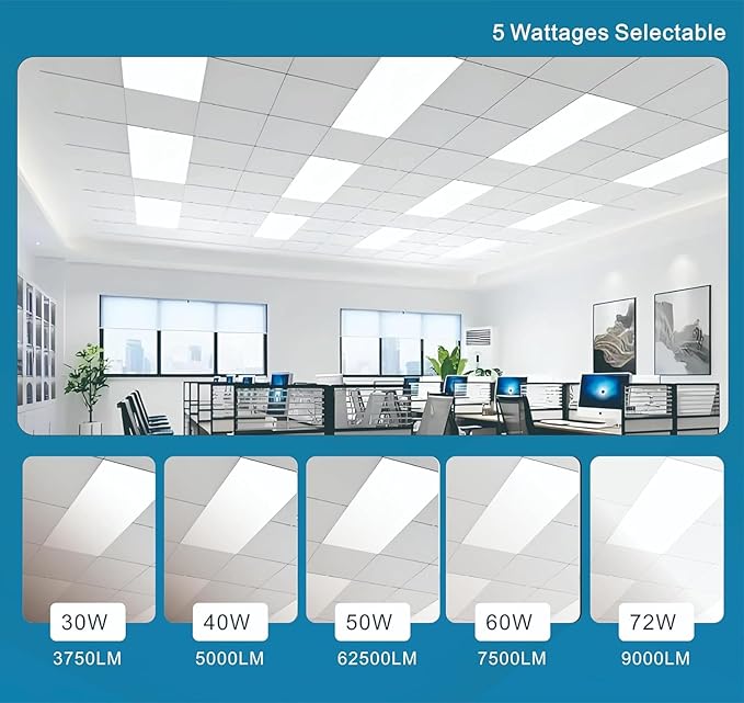 2x4 FT LED Light Flat Panel, 40-72W, 5 CCT 3K | 3.5k | 4K | 5K | 6.5K, Dimmable Recessed Drop Ceiling Lights, 3750/5000/6250/7500/9000 Lumens, Lay in Fixture for Office, 120-277V, UL DLC (4 Pack)