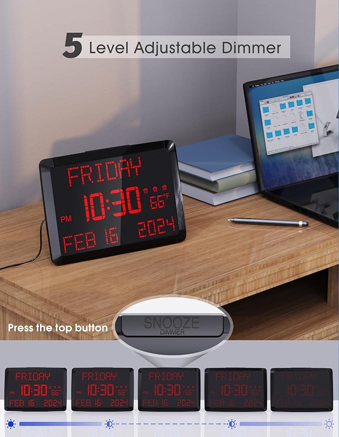Digital Clock Large Display 11.5", Calendar Clock with Date,Time,Day of Week,Temperature,2 USB Chargers,3 Alarms,5Dimmer& 12/24H,Wall clock/Desk clock for Seniors,Dementia,Memory Loss,Impaired Vision