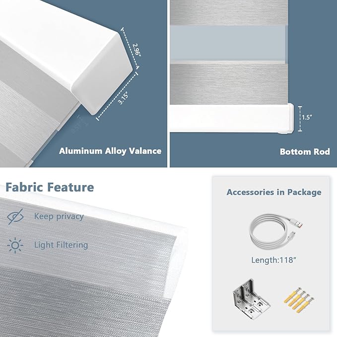 COOLWINDS Motorized Zebra Blinds for Windows Cordless Electric Curtains with Remote Control Blackout Shades Custom Smart Blinds Compatible with Alexa Google Home(Light Filtering Grey,W23 X 72in)