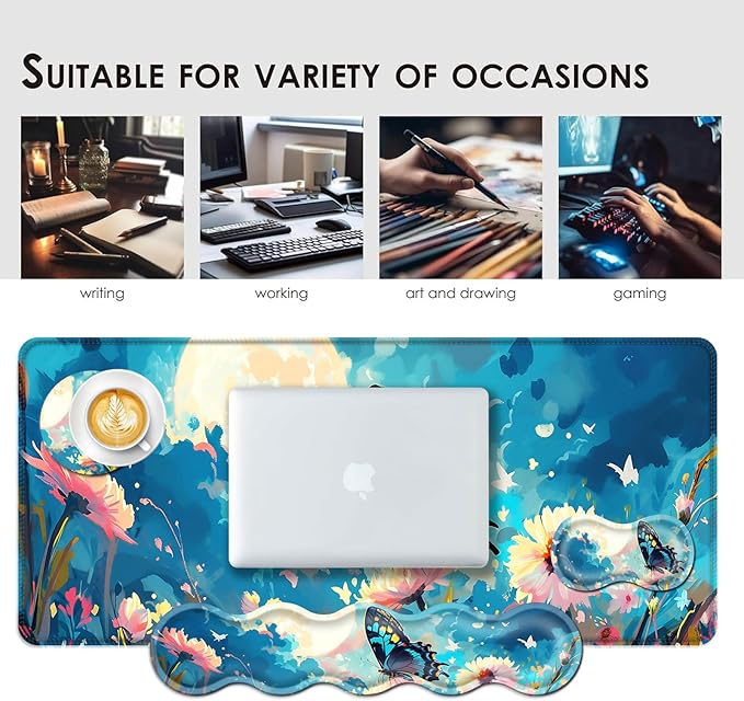 BFUKVOU Large Keyboard Mouse Pad Set, Extended Mouse Pad+Keyboard Wrist Rest Support, Memory Foam Ergonomic Easy Typing, 4Pcs (31.5×11.8 in) Desk Pad Set for Office Home,Flowers and Butterflies