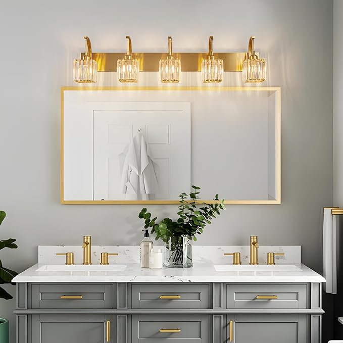 FDPBY 5-Light Crystal Vanity Light, Modern Gold Bathroom Wall Sconce with K9 Crystal Shades, 42.51" Long Over Mirror Lighting for Vanity, Makeup, Hallway, Elegant & Easy Installation