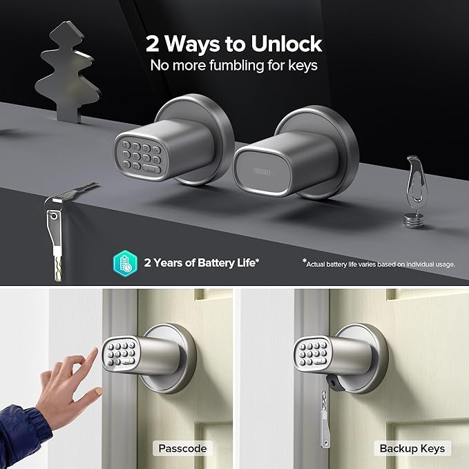 ThorBolt Door Lock Knob with Keypad Keyless Entry Door Knob Electric Coded Indoor Door Knob for Interior Doors Thickness up to 2-1/4", Bedroom, Home Office, Garage, 4xAA Alkaline Battery, M1 Silver