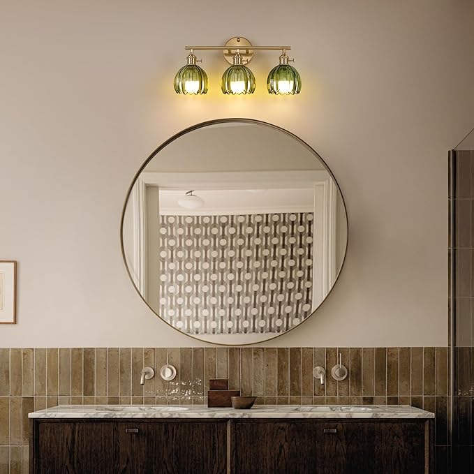 Shenmoyl Battery Operated Bathroom Light Fixtures, 3-Light Brass Vanity Wall Light with 5000mAh Rechargeable Bulb Over Mirror with Green Tulip Glass Shade for Bedroom Living Room