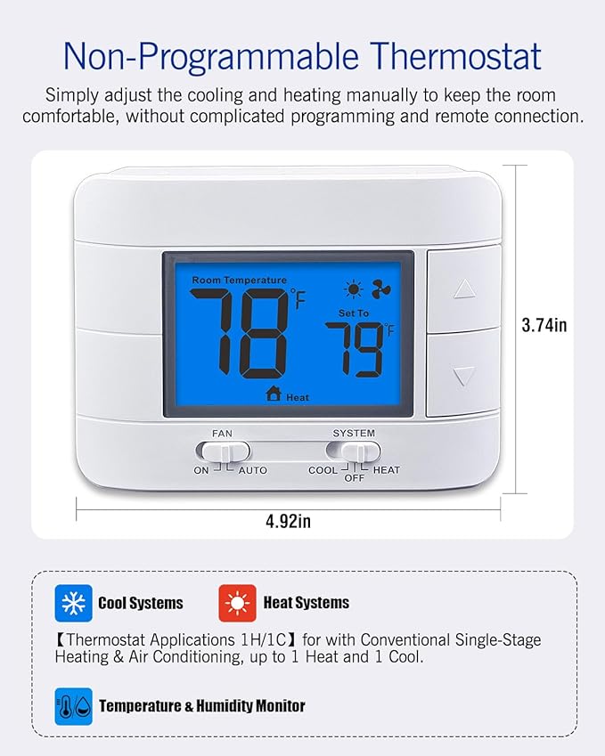 Aowel Non Programmable Thermostat for Home 1 Heat/ 1 Cool Single-Stage System, with Room Temperature Monitor (LCD Blue Backlit Screen)