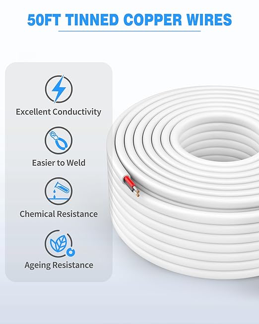 NAOVEO 10 Gauge Wire 2 Conductor Electrical Wire, 10 AWG Stranded PVC Tinned Copper Cable, Flexible/Low Voltage Automotive Wiring for LED Lamps, Marine, Speaker, Appliances (50FT)