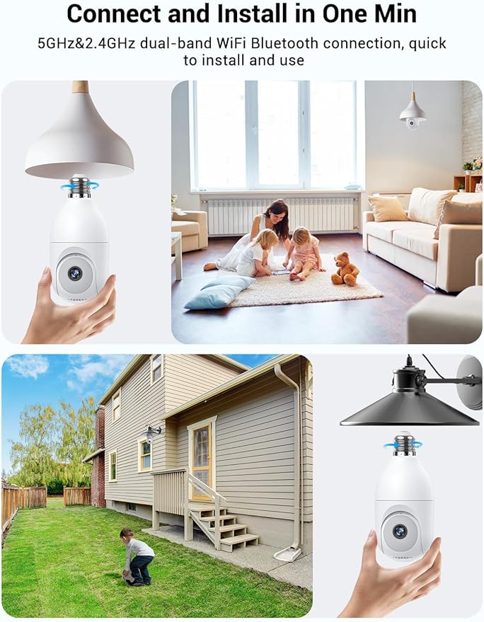 Light Bulb Security Camera Wireless Outdoor Indoor, 5G&2.4G WiFi Security Cameras with Patrol Function, AI Human Detection, Motion Tracking, Two-Way Talk, Color Night Vision, Alarm, 24/7 Recording