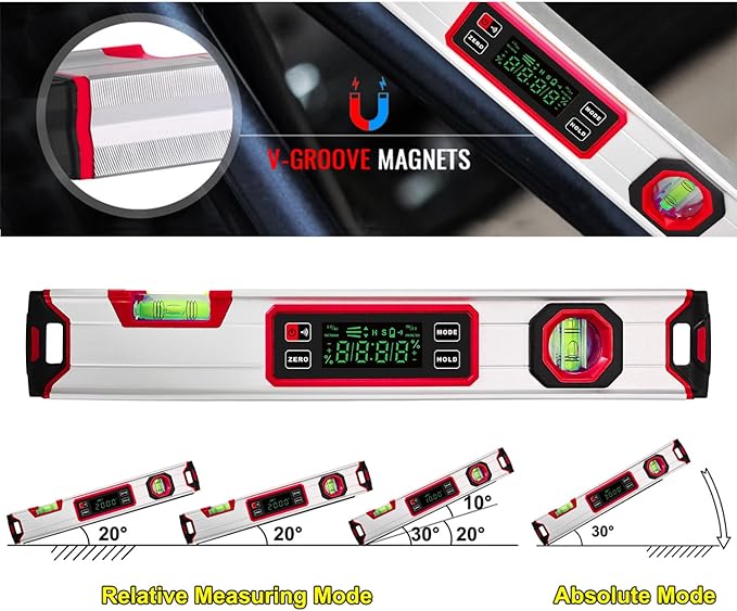 eOUTIL 15.7-Inch Digital Torpedo Level & Angle Finder – IP54 Waterproof Inclinometer with Backlit LCD, V-Groove Magnetic Base, 0.1° Accuracy – for Construction, Woodworking, Metalworking（Red)