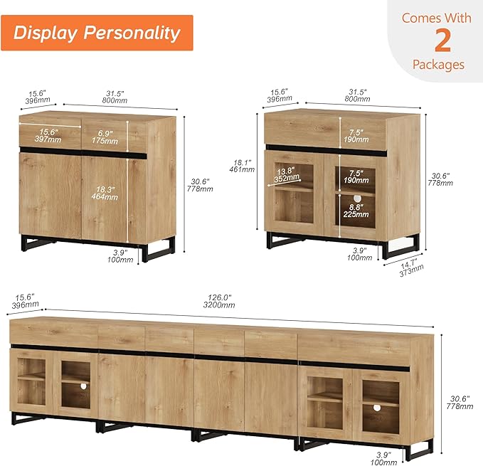 WAMPAT Modern TV Stand for TVs up to 120 inch, 4 in 1 TV Console with Glass Doors and 2 Drawers, Entertainment Center with Adjustable Shelf for Living Room, Bedroom, Oak