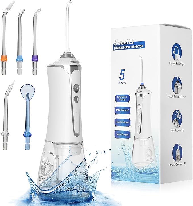 SweetLF Water Dental Flosser Pick for Teeth, 5 Modes Cordless Portable Oral Irrigator, 300ML Tank Water Teeth Cleaner with 5 Jet Tips, IPX7 Waterproof Rechargeable Flossing Picks for Home Travel