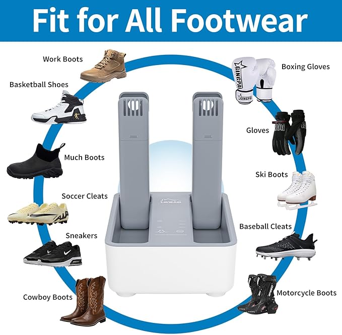 LAVIEAIR Boot Dryer Shoe Dryer for Work Boots Sneakers and Gloves, Temperature-selectable Boot Warmer with Heat, Timer, Fan and Retractable Hoses
