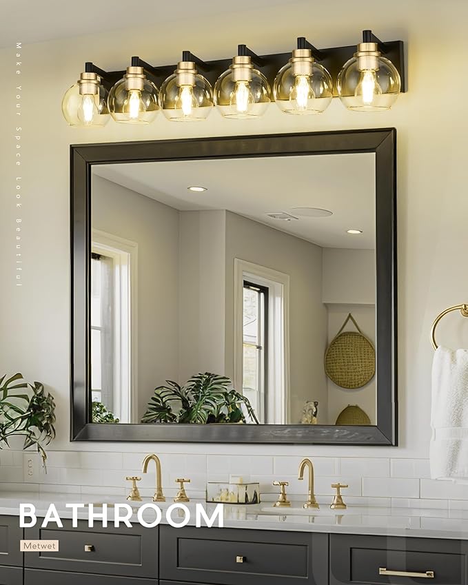 METWET Bathroom Light Fixtures, 6-Light Black and Gold Bathroom Vanity Light, 38 Inch Modern Wall Sconces with Globe Clear Glass Shade, Vanity Lighting Fixtures Over Mirror, VL195-KG-6