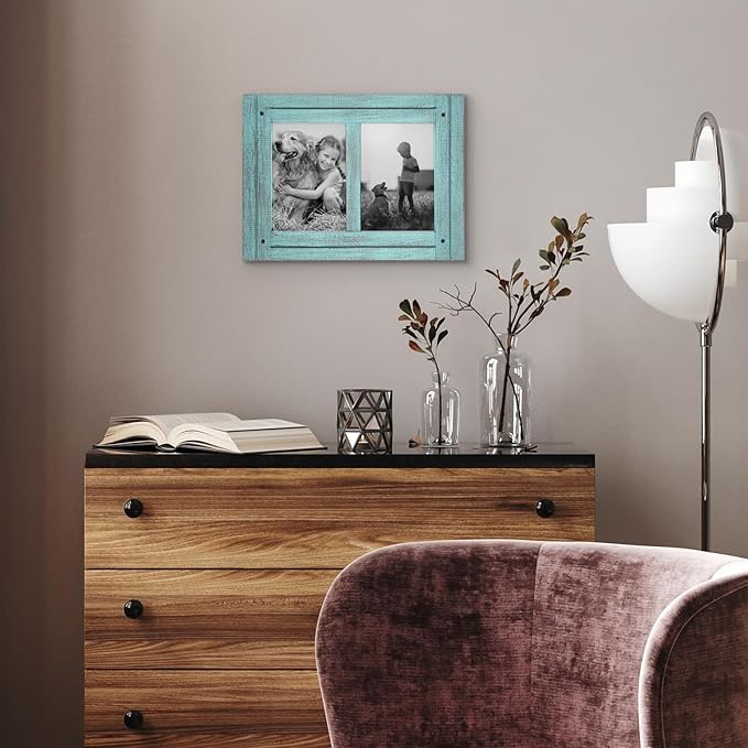 Americanflat Hinged 5x7 Double Picture Frame with 2 Photo Openings and Polished Glass - Distressed Wood Collage Picture Frames for Tabletop and Wall Display - Hampton Collection - Turquoise Blue