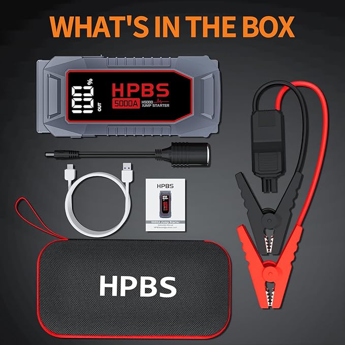 HPBS Car Jump Starter - 5000A Peak Jump Starter Battery Pack with DC for Up to All Gas and 10.0 L Diesel Engines, 12V Portable Battery Jump Starter with 3.0" LCD Display