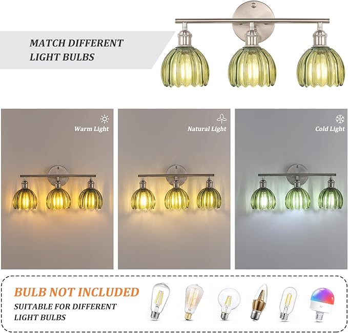 Shenmoyl Bathroom Light Fixtures, 3-Light Vanity Wall Light Over Mirror with Green Tulip Glass Shade for Bedroom Living Room (Bulb Not Included), Satin Nickel