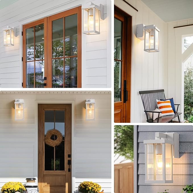JOKAONOTL Dusk to Dawn Porch Lights with GFCI Outlets Waterproof Outdoor Wall Lights Exterior Lighting Fixtures Modern Outside Lights Wall Mount for House Patio Garage,White,11.8''H, 2 PC