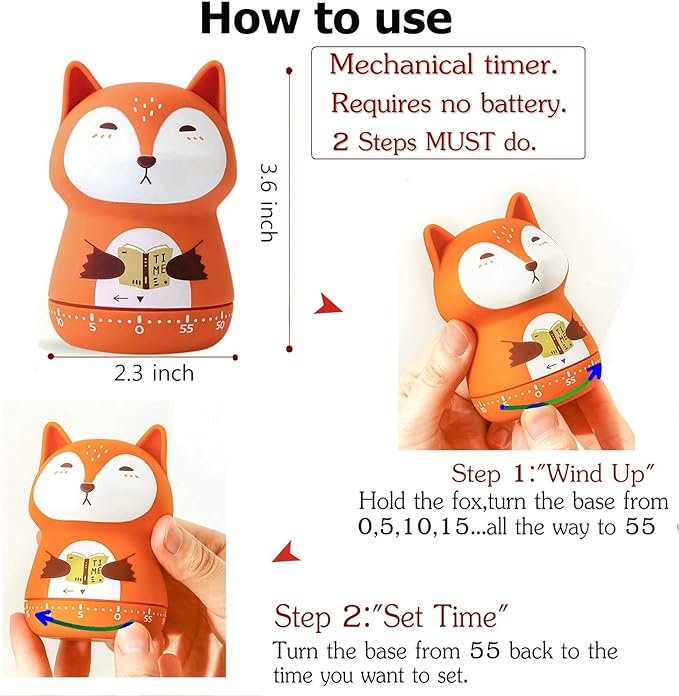 NUOSWEK Mechanical Kitchen Timer, Cute Animal Timer for Kids, Wind Up 60 Minutes Manual Countdown Timer for Classroom, Home, Study and Cooking (Beige Wolf)