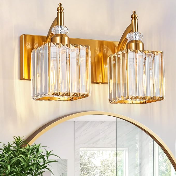 BBLLWJ Modern Bathroom Vanity Light 2-Light Gold Crystal Light Fixtures Over Mirror for Bathroom Wall Sconce