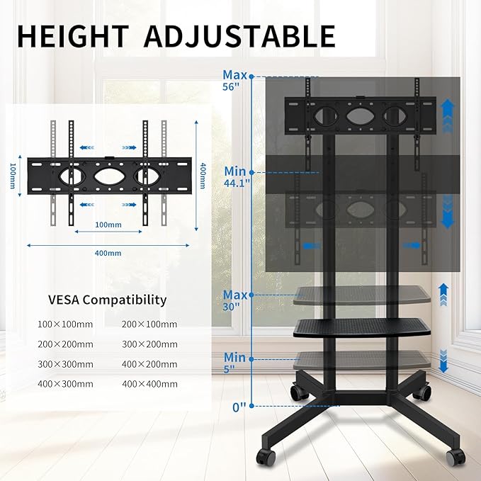Solid Grace Rolling TV Stand with Wheels for 32-75 Inch TVs up to 88lbs, Portable TV Stand with Shelf, Mobile TV Cart for Living Room, Office, Meeting Room, Outdoor