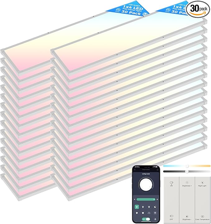 AIKVSXER 30 Pack 1x4 FT LED Flat Panel Light Surface Mount, with Wireless Switch & App Control, Night Mode, 50W 5500LM, 3000K/4000K/6500K, Ultra-Thin LED Light for Office Home,120-277V - White