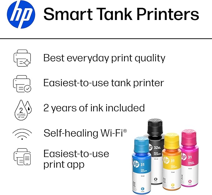 HP Smart Tank 7301 Wireless All-in-One Ink Tank Printer, Scanner, Copier with 2 Years of Ink Included, Best-for-Home Office, Cartridge-Free Refillable, AI-Enabled (28B70A)