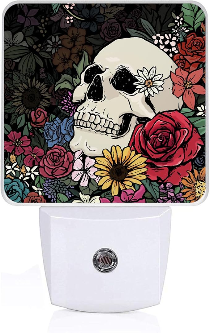 GANTINIR Halloween Skull Night Light, Plug-into Skeleton Flower Floral Nightlight White LED Lamp, Energy Efficient Decor Desk Lamp for Bedroom Hallway Stairs Bathroom