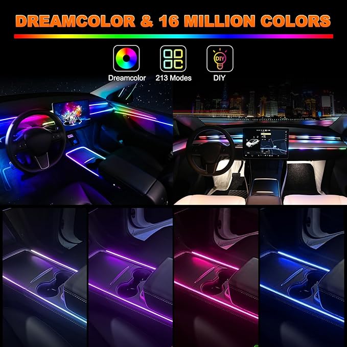 Jushope Interior Car LED Strip Lights, Acrylic LED Lights for Car with Dynamic Dreamcolor Chasing, Ambient Lighting Kits Music Sync Wireless APP and RF Remote Control (6 in 1)