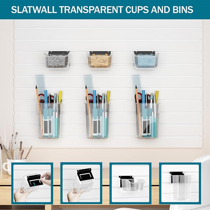 Daanxw 12 Packs Slatwall Accessories,Includes 6 Packs of Slatwall Boxes and 6 Packs of Slatwall Cups,Slatwall Containers Storage Organizer for Craft Garage Tool Storage Room Panel (Transparent)