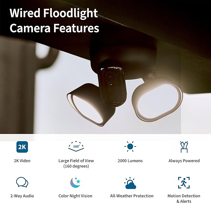 Arlo Wired Floodlight Camera, Home Security Camera with 2K Video and HDR, 2000 Lumens, Integrated Siren, Weather-Resistant, Color Night Vision, 160º Field of View, 2-Way Audio, Black (2025)