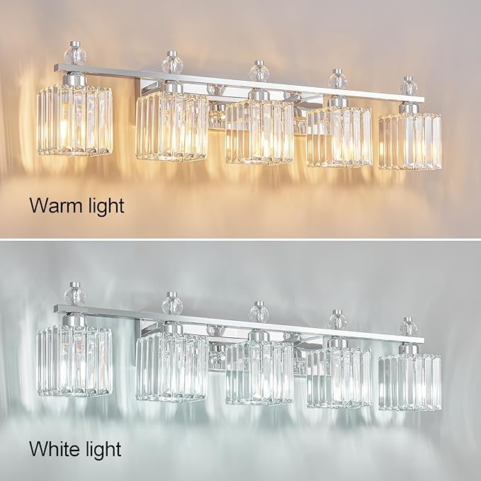 FDPBY Vanity Lights 5-Light Modern Crystal Vanity Light Chrome Bathroom Light Fixtures Over Mirror Crystal Bathroom Vanity Lighting Fixtures