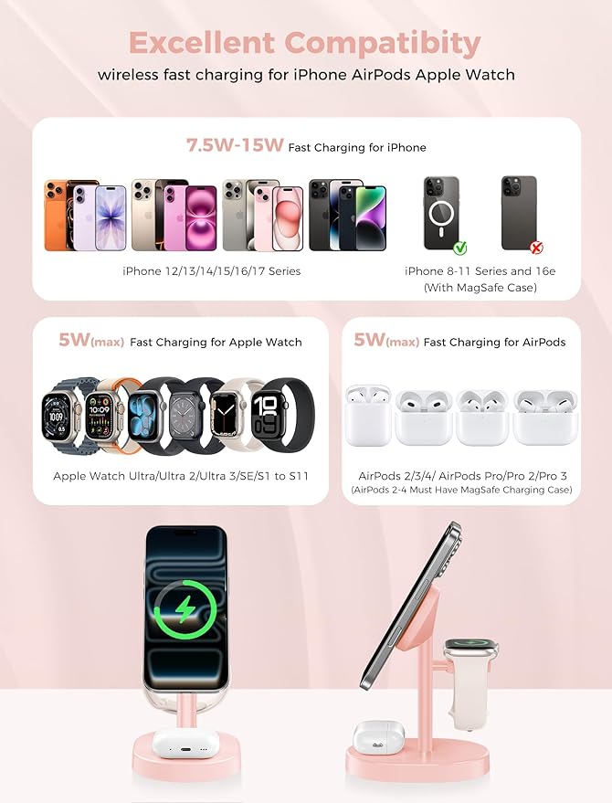 Hevanto 2025 3 in 1 Wireless Charging Station for Apple MagSafe Charger, 15W Fast Mag-Safe Charger Stand for iPhone 17 16 15 14 13 12 Apple Watch AirPods Compatible with MagSafe, Pink