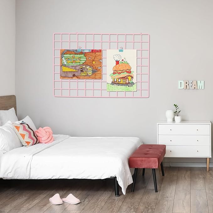 PATIKIL 24"x24" Wire Grid Panel, 2 Pack Board Photo Pictures Memo Display Grid Panels Hanging Organizer Wall Decorative Panel for Home Office Wedding, Pink