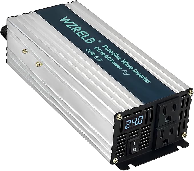 WZRELB 1000W Pure Sine Wave Inverter 24V DC to 110V 120V AC Power Converter with LED Display, Off-Grid Portable Power Inverter with 2 AC Outlets for Home, RV, Truck, Camping