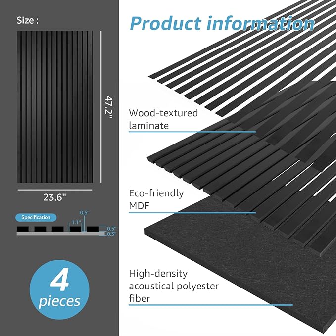 Art3d 4 Pack 47.2 x 23.6in. Wood Slat Acoustic Panels for Wall and Ceiling - 3D Fluted Sound Absorbing Panel with Wood Finish - Matte Black
